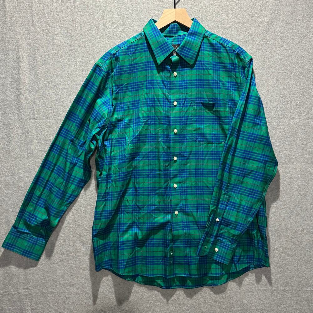 Jos A Bank Mens L Tailored Fit Green Blue Tartan Plaid Cotton Button Shirt